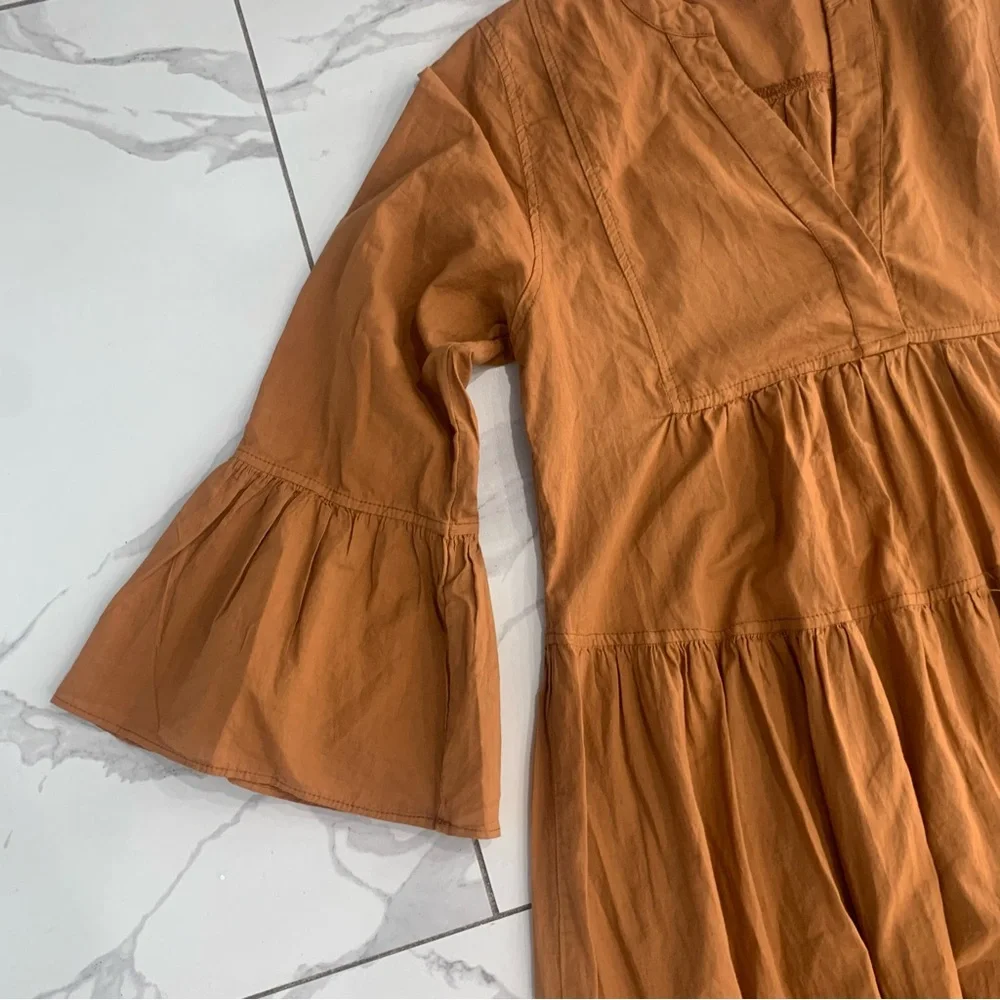 Devotion Twins Ella Maxi Dress Sz XS Fall Rust Brown Bell  Sleeve Flare V Neck